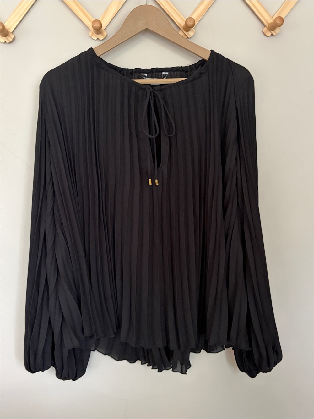 Zara Black Accordian Pleated Tie-Neck Blouse